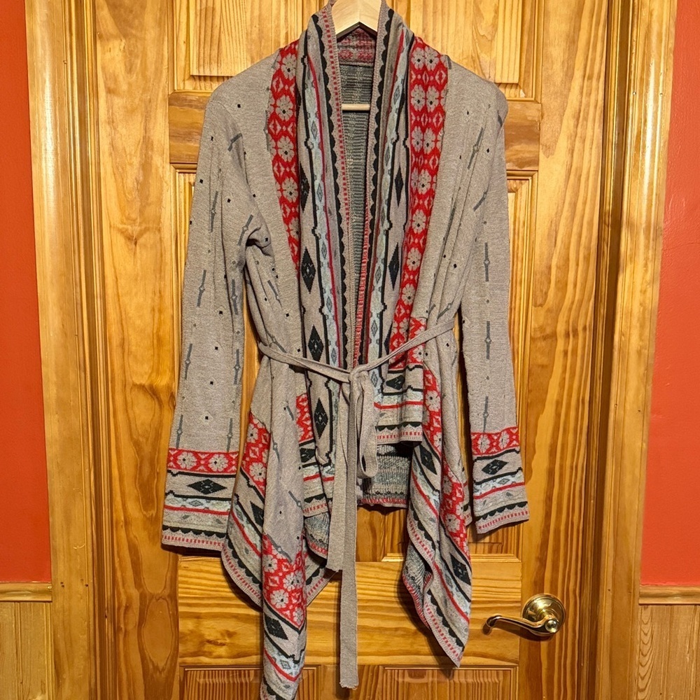 Freeway Tan  and Red Patterned Cardigan